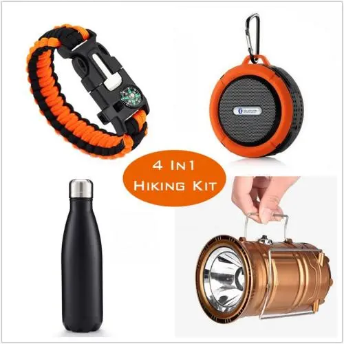Hiking Kit include Bluetooth Sports Audio Speaker,Collapsible Solar LED Camping Lantern,Vacuum Insulated Stainless Steel Water Bottle,& Survival Bracelet for Outdoor Sports,Hiking,Camping,fishing