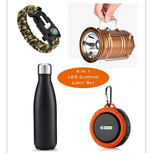 LED camping lights set include Collapsible Solar LED Camping Lantern,Bluetooth Sports Audio Speaker,Vacuum Insulated Stainless Steel Water Bottle,& Survival Bracelet for Outdoor Sports,Hiking