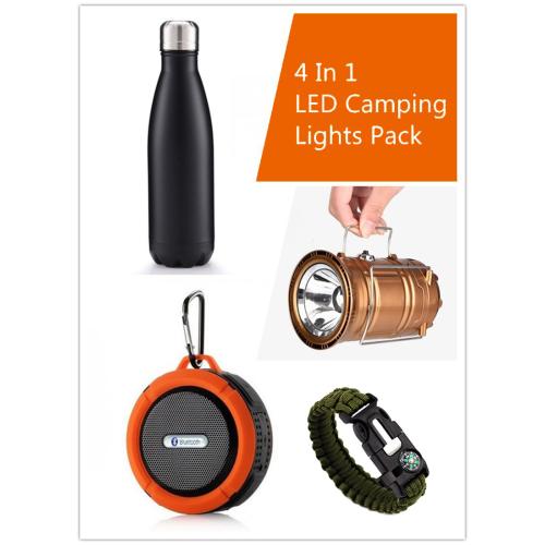 LED Camping Lights Pack include Collapsible Solar LED Camping Lamp ,Bluetooth Portable Audio Speaker,Vacuum Insulated Stainless Steel Water Bottle,& Survival Bracelet for Outdoor Sports,Hiking