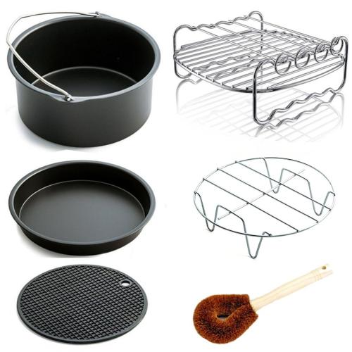 Air Fryer Accessories Fits All 3.2QT - 5.3QT - 5.8QT - Non-stick Barrel / Pan + Stainless Steel Holder / Double-layer Rack with Skewers+ Silicone Mat + Palm Leaf Pot Brush