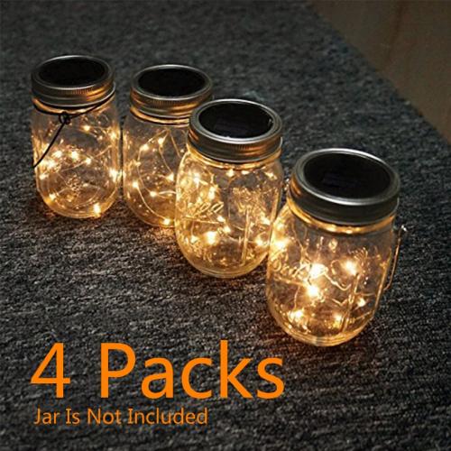 4 Pack Solar Mason Jar String Lights, Mason Jar with Solar 10 Led String Fairy Star Lights Twist on Silver Lids, Perfect for Mason Jar Decor,Patio Garden Path Lights