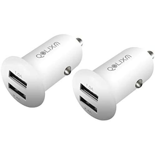 Car Charger, QOLIXM Flush Fit Dual Port USB Car Adapter 2-Port Fast Charging for iPhone, iPad, Samsung, HTC, LG, Smartphone, Tablet, Digital Camera, and More (White 2 Pack)