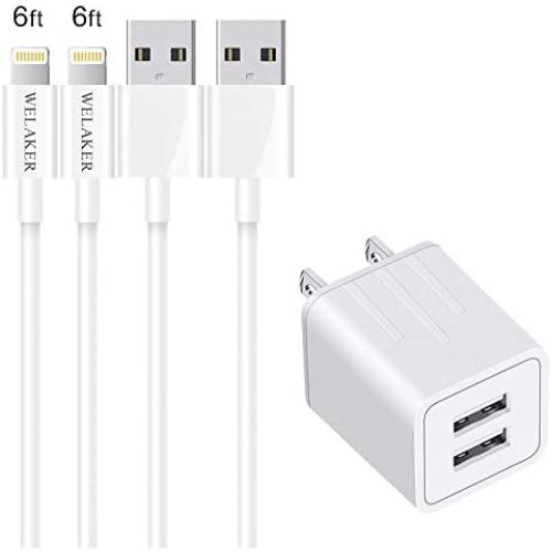 iPhone Charger, WELAKER Data Sync Transfer Lightning Cable 2Pack 6ft with Dual Port Wall Charger Adapter Charging Block Power Plug(ETL Listed) Compatible with iPhone 11 Pro Max XS XR X 8 7 6 5 iPad