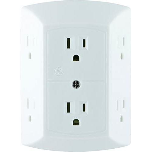 GE 6 Outlet Wall Plug Adapter Power Strip, Extra Wide Spaced Outlets for Cell Phone Charger, Power Adapter, 3 Prong, Multi Outlet Wall Charger, Quick & Easy Install, For Home Office, Home Theater, Kitchen, or Bathroom, UL Listed, White, 50759