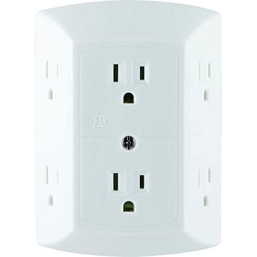 GE 6 Outlet Wall Plug Adapter Power Strip, Extra Wide Spaced Outlets for Cell Phone Charger, Power Adapter, 3 Prong, Multi Outlet Wall Charger, Quick & Easy Install, For Home Office, Home Theater, Kitchen, or Bathroom, UL Listed, White, 50759