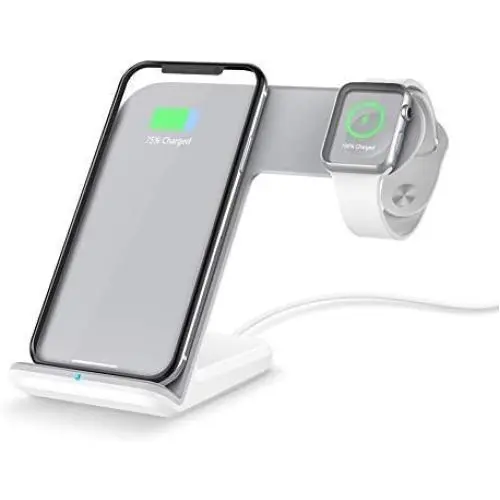 FACEVER 2 in 1 Wireless Charger Stand Dock Fast Qi Phone iWatch Charging Station Compatible for Apple Watch Series 1 2 3 4 5 iPhone 11 Pro Max X XS XR 8 8 Plus Samsung S9 S10, White FACEVER 2 in 1 Wireless Charger Stand Dock Fast Qi Phone iWatch Charging Station Compatible for Apple Watch Series 1 2 3 4 5 iPhone 11 Pro Max X XS XR 8 8 Plus Samsung S9 S10, White