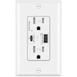 BESTTEN 24W USB Type-C Wall Receptacle Outlet, PD3.0 and QC3.0, Quick Charging for Smartphone, Tablet and Other USB Device, 15A/125V/1875W, UL Listed, White