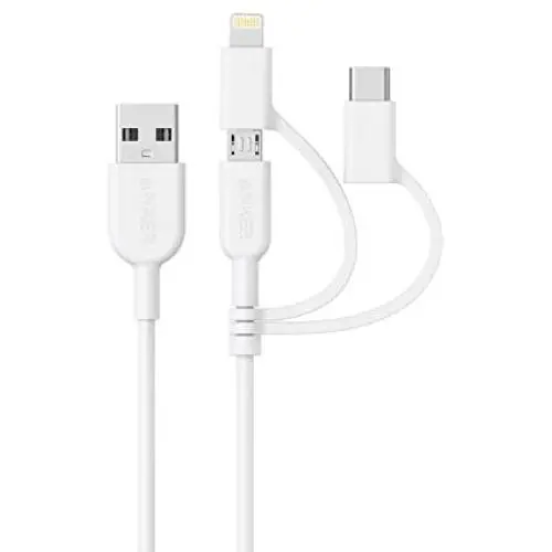 Anker Powerline II 3-in-1 Cable, Lightning/Type C/Micro USB Cable for iPhone, iPad, Huawei, HTC, LG, Samsung Galaxy, Sony Xperia, Android Smartphones, and More(3ft, White)
