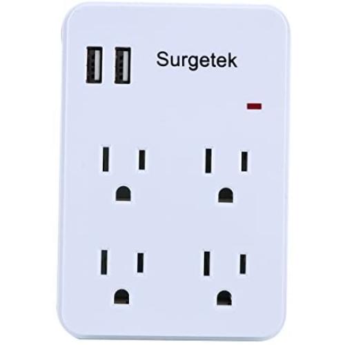 Surgetek Cell Phone Wall Mount Charger Power Strips Outlets Surge Protector 4-Outlet Dual USB for iPhone 6 7 8 Plus iPhone X Samsung S7 S8 Plus(4 outlets with 2 USB)