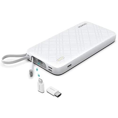 ROMOSS 10000mAh Portable Charger with Built-in Cable, 3 Input & 3 Output Power Bank with Type-C Adapter Compatible for iPhone 11, iPhone Xs, iPhone 8, iPhone 7, Samsung S20