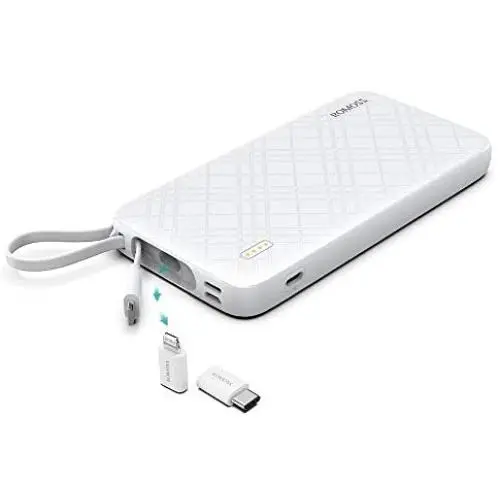 ROMOSS 10000mAh Portable Charger with Built-in Cable, 3 Input & 3 Output Power Bank with Type-C Adapter Compatible for iPhone 11, iPhone Xs, iPhone 8, iPhone 7, Samsung S20 ROMOSS 10000mAh Portable Charger with Built-in Cable, 3 Input & 3 Output Power Bank with Type-C Adapter Compatible for iPhone 11, iPhone Xs, iPhone 8, iPhone 7, Samsung S20