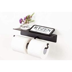 RTZEN Wrought Iron Double Toilet Paper Holder with Shelf | Black Rot Metal 2 x TP Roll Hangers | Wall Mounted Rod Handmade Roll Hanger | Perfectly Fits Smartphone, Wipes, Soaps, Air Freshener