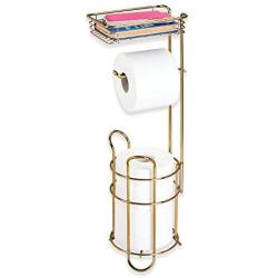 mDesign Freestanding Metal Wire Toilet Paper Roll Holder Stand and Dispenser with Storage Shelf for Cell, Mobile Phone - Bathroom Storage Organization - Holds 3 Mega Rolls - Soft Brass