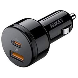 Car Charger Adapter, AUKEY iPhone Charger, Dual Ports for Both (Type C/USB-C) PD and (USB A) QC3.0, 18W Each 36W Altogether, Compatible with All iPhone/Samsung/Android