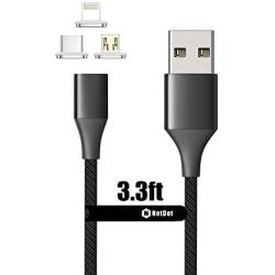 NetDot Gen10 3 in 1 Nylon Braided Magnetic Fast Charging Cable with Side LED Compatible with Micro USB & USB-C Smartphones and i-Product(3.3ft/1 Pack Black)