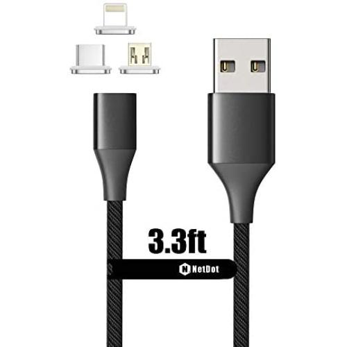 NetDot Gen10 3 in 1 Nylon Braided Magnetic Fast Charging Cable with Side LED Compatible with Micro USB & USB-C Smartphones and i-Product(3.3ft/1 Pack Black)