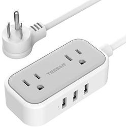 Small Flat Plug Power Strip with 3 USB Ports, TESSAN 2 Outlet Portable Plug Strip with 3 Feet Extension Cord, Mini Nightstand Desktop Charging Station Hub for Dorm Room Cruise Travel Accessories