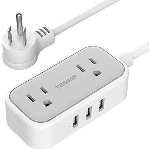 Small Flat Plug Power Strip with 3 USB Ports, TESSAN 2 Outlet Portable Plug Strip with 3 Feet Extension Cord, Mini Nightstand Desktop Charging Station Hub for Dorm Room Cruise Travel Accessories