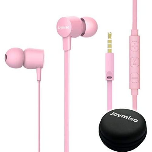 Joymiso Tangle Free Earbuds for Kids Women Small Ears with Case, Comfortable Lightweight in Ear Headphones, Flat Cable Ear Buds Wired Earphones with Mic and Volume Control for Cell Phone Laptop (Pink)