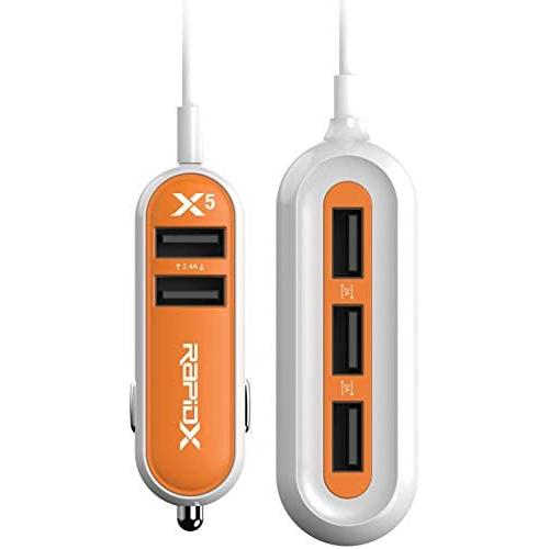 RapidX X5 Car Charger with 5 USB Ports for iPhone and Android Orange