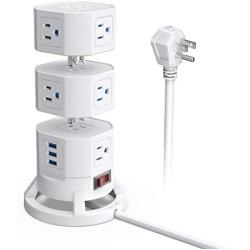 BESTEK 12 Outlets Power Strip Tower with 3 USB Ports Stackable Design Extend to 14 AC Outlets for PC Laptop Mobiles,6 Feet Extension Cord,White