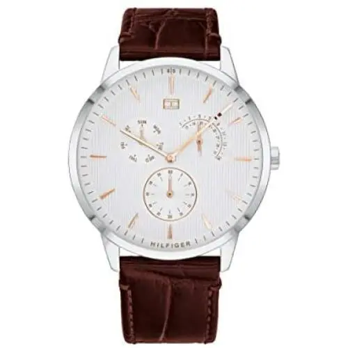 Tommy Hilfiger Mens Stainless Steel Quartz Watch with Leather Crocodile Strap, Brown, 22 (Model: 1710389) Tommy Hilfiger Mens Stainless Steel Quartz Watch with Leather Crocodile Strap, Brown, 22 (Model: 1710389)