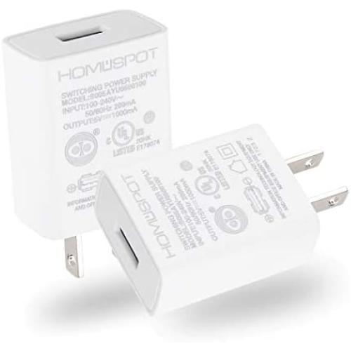 UL Certified USB Wall Charger by Homespot 5V1A Plug in-Door Power AC Adapter for Travel Office Home Use - 2 Pack White