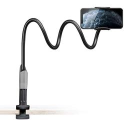 Gooseneck Bed Phone Holder, SAIJI Flexible Long Arm Phone Mount for Desk, Clip Bracket Clamp Stand for 4.0-6.5 Mobile Cell Phone Stand Document Camera Nintendo Switch (Black)