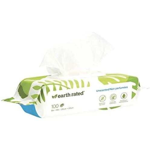 Earth Rated Dog Wipes, Plant-based, Compostable Wipes for Dogs & Cats, USDA-Certified 99% Biobased, Hypoallergenic, 8x8" Deodorizing Grooming Pet Wipes for Paws, Body and Butt