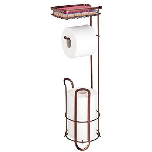 mDesign Freestanding Metal Wire Toilet Paper Roll Holder Stand and Dispenser with Storage Shelf for Cell, Mobile Phone - Bathroom Storage Organization - Holds 3 Mega Rolls - Venetian Bronze