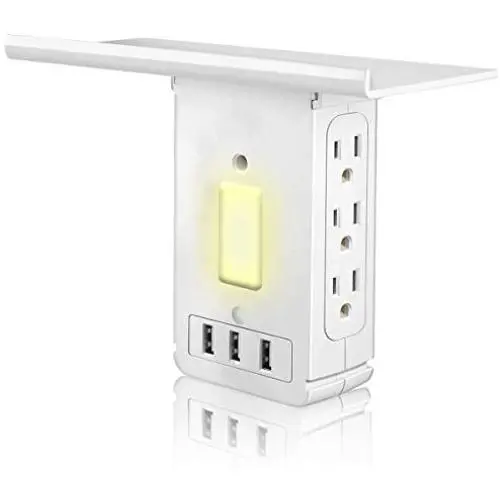 Socket Shelf, 9 Ports Wall Outlet Shelf with LED Sensor Night Light, Extra-Large Shelf with 6 Electrical Outlet, 3.4A 3 USB Ports(Fast Charging), Cable Holder and Smartphone Headphone Hanger Socket Shelf, 9 Ports Wall Outlet Shelf with LED Sensor Night Light, Extra-Large Shelf with 6 Electrical Outlet, 3.4A 3 USB Ports(Fast Charging), Cable Holder and Smartphone Headphone Hanger