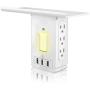 Socket Shelf, 9 Ports Wall Outlet Shelf with LED Sensor Night Light, Extra-Large Shelf with 6 Electrical Outlet, 3.4A 3 USB Ports(Fast Charging), Cable Holder and Smartphone Headphone Hanger