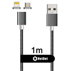 NetDot 3rd Generation USB2.0 Magnetic Charging Cable Adapter with 1 iOS Connector and 1 Micro-USB Connector Compatible with Both Android Smartphone and iPhone - 3.3 Feet/Gray