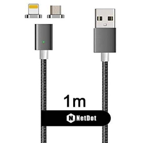 NetDot 3rd Generation USB2.0 Magnetic Charging Cable Adapter with 1 iOS Connector and 1 Micro-USB Connector Compatible with Both Android Smartphone and iPhone - 3.3 Feet/Gray