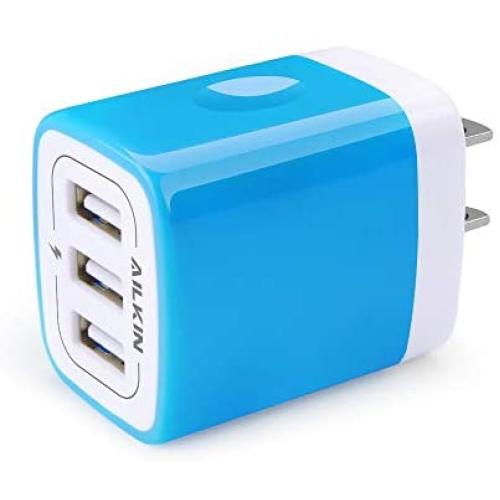 USB Charger Multi Port, Ailkin Micro USB Charger Charging Block USB Wall Plug Travel Charger Outlet Fast Charger Brick USB Charging Block Compatible iPhone iPad, iPhone, and iWatch (Blue/3Port)