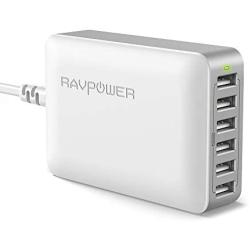 USB Charger RAVPower 60W 12A 6-Port Desktop USB Charging Station with iSmart Multiple Port, Compatible iPhone SE 11 Pro Max XS XR X iPad Pro Air Mini Galaxy S10 Note 10 Tablet and More (Grey White)