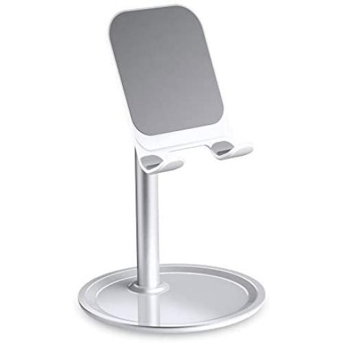 Cell Phone Stand for Desk - FLOVEME Phone Holder Stand for Desktop Adjustable Angle Compatible for iPhone 11 Pro Max, Android Smartphone, Aluminum + ABS, Silver Color, 4-7.9inch