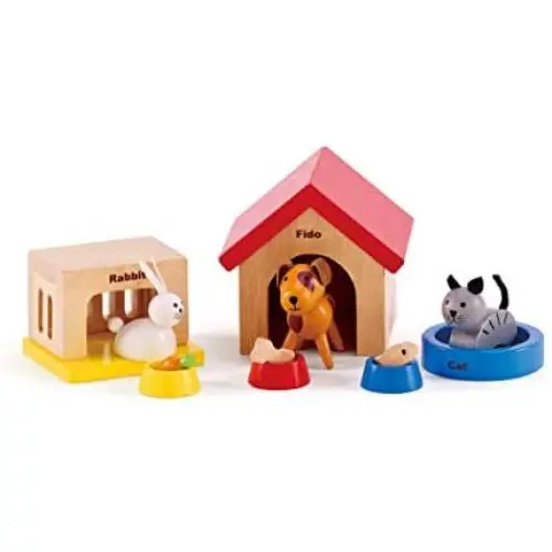 Family Pets Wooden Dollhouse Animal Set by Hape | Complete Your Wooden Dolls House with Happy Dog, Cat, Bunny Pet Set with Complimentary Houses and Food Bowls Family Pets Wooden Dollhouse Animal Set by Hape | Complete Your Wooden Dolls House with Happy Dog, Cat, Bunny Pet Set with Complimentary Houses and Food Bowls