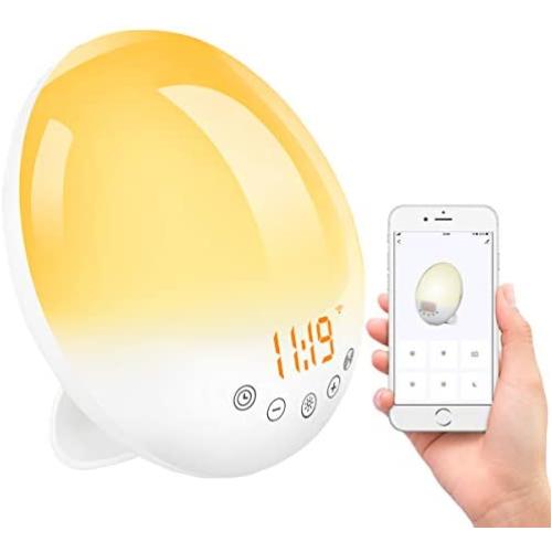 Alarm Clock,Wellwerks Wake up Light Sleep Aid Digital Alarm Clock with Dual Alarms Soonze Function, 7 Colors FM Radio, Dimmable Bedside Lamp Compatible with Alexa and Smart Phone Application