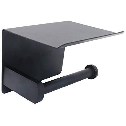 NUZAMAS Self Adhesive Toilet Paper Holder, Top Plate Phone Holder, Stainless Steel Wall Mount Drill Free, Black Toilet Roll Holder, Towel Hanger for Bathroom Kitchen Home