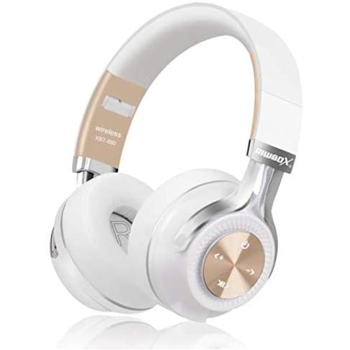 Bluetooth Headphones, Riwbox XBT-880 Wireless Bluetooth Headphones Over Ear with Microphone and Volume Control Wireless and Wired Foldable Headset for iPhone/iPad/PC/Cell Phones/TV (White&Gold)