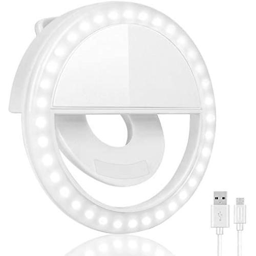 Monwillado Selfie Ring Lights, Clip-on USB Rechargeable Portable Selfie Fill Ring Lights with 36 LED 3-Level Brightness for iPhone Android Smart Phone Photography Laptop Camera Video Makes-up (White)