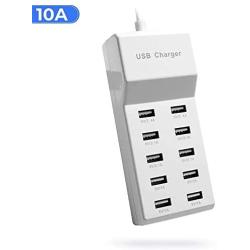 USB Wall Charger Desktop Charging Station with Rapid Charging Auto Detect Technology Safety Guaranteed 10-Port Family-Sized Smart USB Ports for Multiple Devices Smart Phone Tablet Laptop Computer