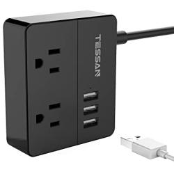 TESSAN Portable 2 Outlet Travel Mini Power Strip with 3 USB Ports Desktop Charging Station 5 Ft Extension Cord Multi Outlets Extender Plug for Cruise ship-BLACK