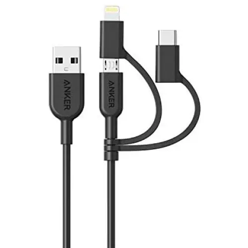 Anker Powerline II 3-in-1 Cable, Lightning/Type C/Micro USB Cable for iPhone, iPad, Huawei, HTC, LG, Samsung Galaxy, Sony Xperia, Android Smartphones, iPad Pro 2018 and More(3ft, Black)