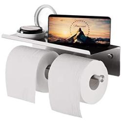 YUMORE Toilet Paper Holder, SUS 304 Stainless Steel Modern Double Roll Tissue Holder with Phone Shelf, Rustproof and Bathroom Washroom Tissue Roll Holder with Stuff Shelf, Brushed Finish