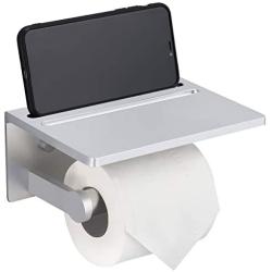 Smarthome Toilet Paper Holder with Shelf – Silver Anti-Rust Aluminum Tissue Roll Holder with Phone Shelf for Modern Bathroom, 3M Self Adhesive No Drilling or Wall-Mounted with Screws