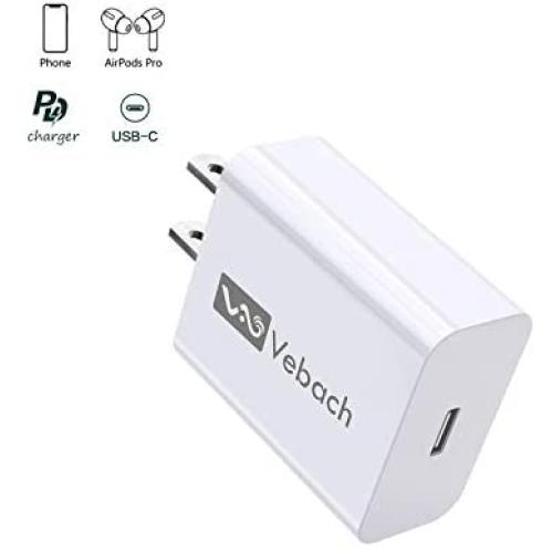 USB C Charger,Vebach 18W Fast Power Delivery Adapter,Ultra-Compact USB-C PD Wall Charger for iPhone 11/11 Pro/11 Pro Max/XS Max/XS/XR,AirPods Pro,iPad Pro,Samsung Galaxy S10/S9,Pixel 3/3 XL and More