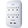 PHILIPS Surge Protector, 2 Pack, 6 Outlet, 2 USB Ports, 900 Joules, Wall Adapter, Extender, Charges Smartphones, White, SPP6266WB/37