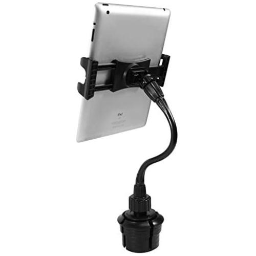 Macally 2 in 1 Phone & Tablet Car Mount for Cup Holder - Adjustable 12” Flexible Gooseneck and 360° Rotating Base - Phone, Tablet, iPad Holder for Car - Fits Devices up to 8” Wide and Most Vehicles